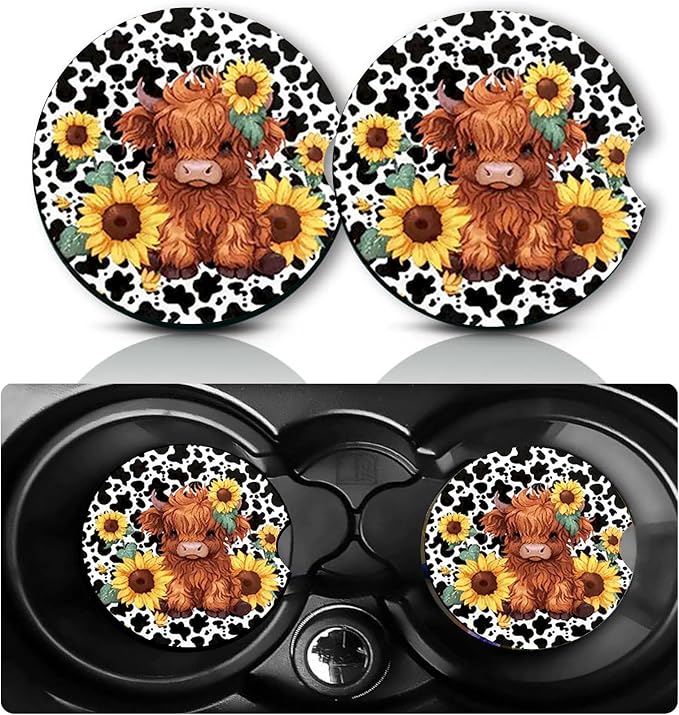 2Pcs Sunflower Highland Cow Car Coasters,2.75" Neoprene Cup Holder Coaster | Universal Non‑Slip Mat, Drink Coaster Decor Auto Accessories Cows Gifts for Women,Men,Mom