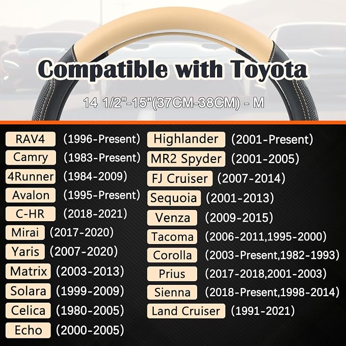 GIANT PANDA Car Steering Wheel Cover for Toyota RAV4,Camry,Highlander,Corolla,Prius,Tacoma,Standard Size - Black+Beige
