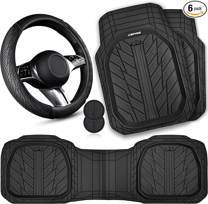 CAR PASS Leather Rubber Steering Wheel Cover 14 1/2” -15”,Tire Tread Pattern Design,Non-Slip Wear-Resistant, Heavy Duty Deep-Dish Car Floor Mats, Trim-to-Fit Car Mat,Fit for Steering Wheel Black