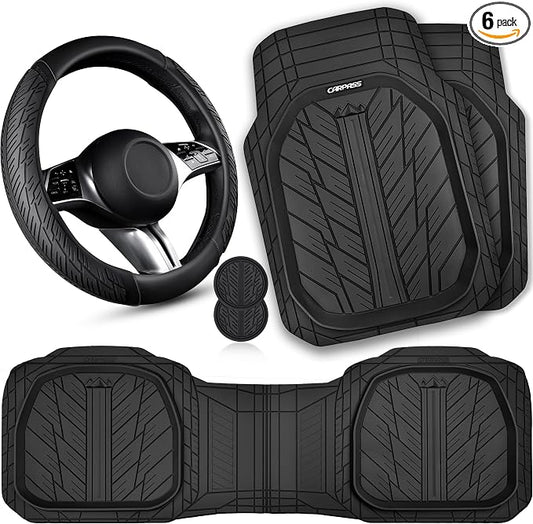 CAR PASS Leather Rubber Steering Wheel Cover 14 1/2” -15”,Tire Tread Pattern Design,Non-Slip Wear-Resistant, Heavy Duty Deep-Dish Car Floor Mats, Trim-to-Fit Car Mat,Fit for Steering Wheel Black