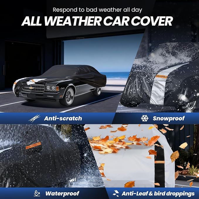 Multi-Layer Car Cover Custom Fit for Chevrolet Caprice (1970-2016), 100% Waterproof All Weather for Automobiles, Gift with Towel, Heavy Duty Car Covers for Rain Sun UV Protection with Door Zipper.