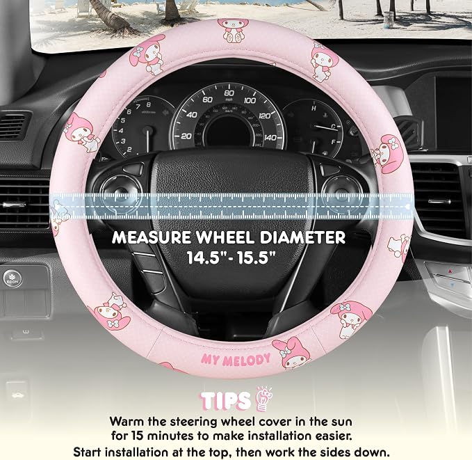 Sanrio My Melody Pastel Pink Steering Wheel Cover for Car, SUV, Truck | Universal Fit Cute Car Accessories & Gift for Women, Official Licensed Steering Wheel Protector, Fits 14.5"-15" Wheels