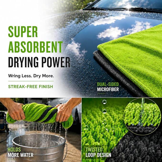 teworld® Car Drying Towel, Extra Large 48 x 24 Inch, 1400 GSM, Dual-Color | Twisted Loop Microfiber Towel for Cars - Absorbent Car Dry Towel and Car Wash Towel for Streak-Free, Paint-Safe Car Detailing