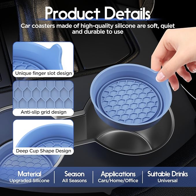Amooca Car Cup Coaster Universal Automotive Waterproof Non-Slip Cup Holders Sift-Proof Spill Holder Car Interior Accessories 4 Pack Gray Blue
