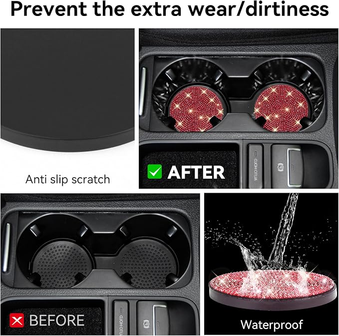 SINGARO Bling Cup Holder Coasters for Car, 2PCS Universal Non-Slip Cup Holder, Embedded Decorative Coasters, Shiny Crystal Car Interior Accessories Gifts for Women (Red)
