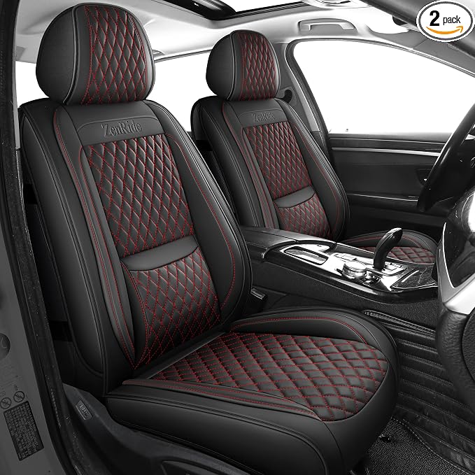 Black and Red Thick Nappa Leather Automotive Front Car Seat Covers Set of 2 | Univerasal Precision Fit,Lumbar Support,3D Contoured,Waterproof,ThickTexture,for most Suvs Trucks Sedans