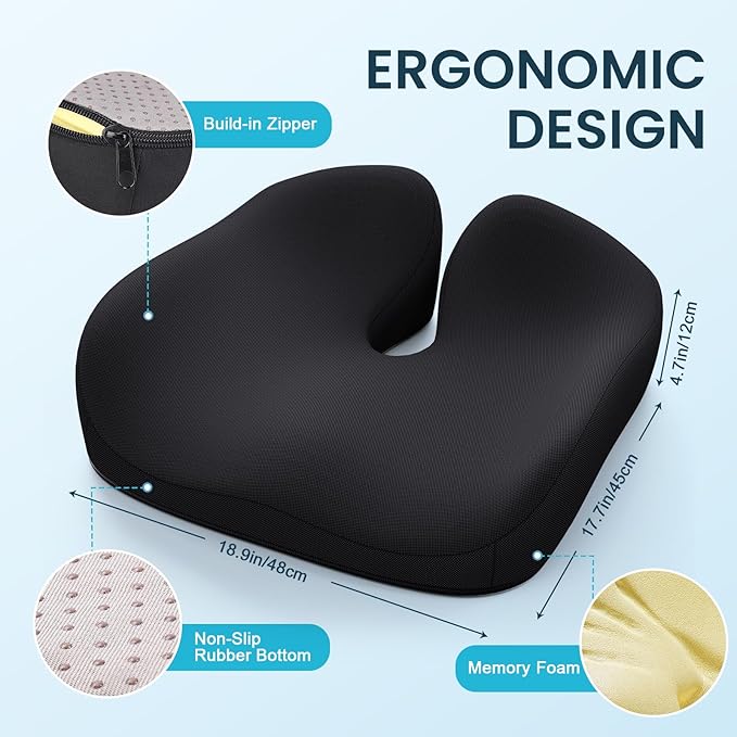 Benazcap Memory Foam Seat Cushion, Ergonomic Office Chair Cushion | Memory foam cushion relieves pressure and supports tailbone comfort for office chairs, cars, wheelchairs and home use.