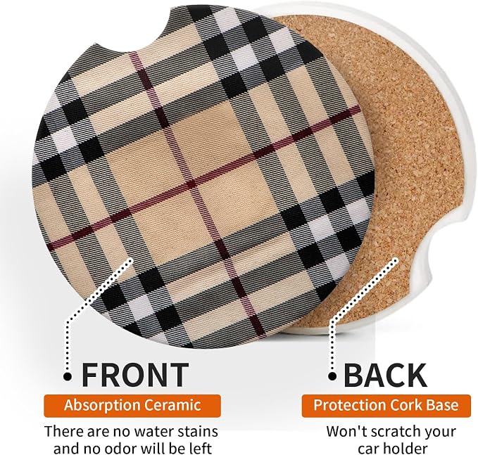 Car Coasters for Cup Holders, Car Cup Holder Coaster, Cute Car Accessories for Women Interior, 2PCS Cup Holder Coasters for Car, Anti Slip Rubber Cup Mat with A Finger Notch(Beige Plaid)