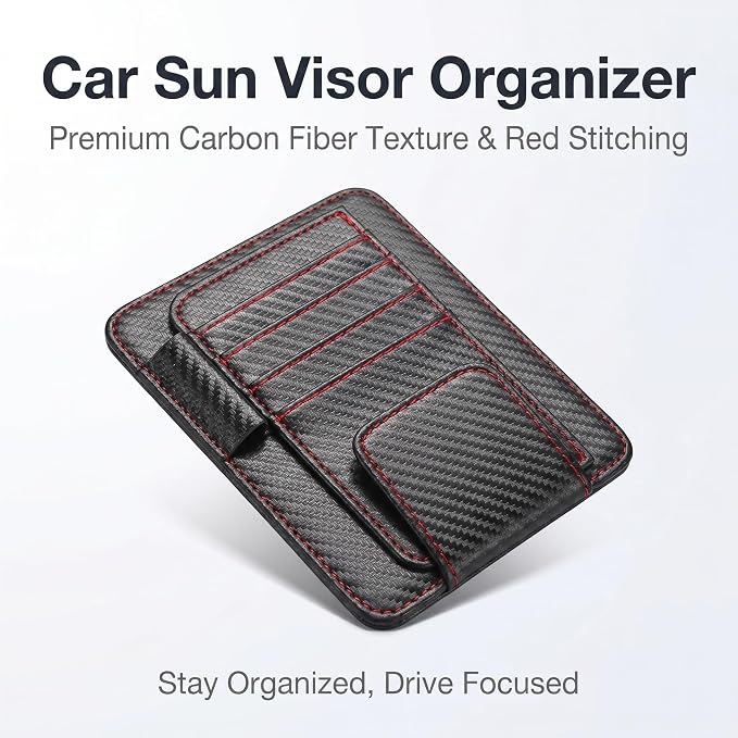 1 PC Car Sun Visor Organizer, Multifunctional Visor Storage with Card Slots and Pen Loop, for Sunglasses Documents and Cards, Universal for Most Cars, SUVs, Trucks (Black & Red)