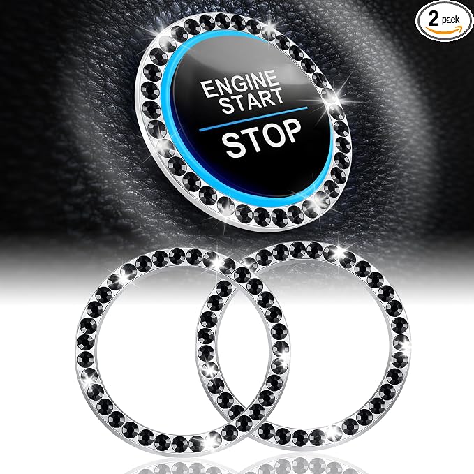 LivTee 2 PCS Crystal Rhinestone Car Engine Start Stop Decoration Ring, Bling Car Interior Accessories for Women, Push to Start Button Cover Sticker, Automotive Decals, Black