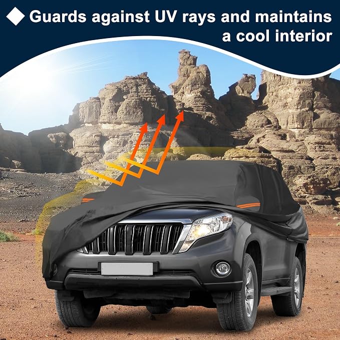 Black Heavy Duty Waterproof Car Cover for SUV 191"-199" - All-Weather UV Protected Outdoor Full Exterior Cover with Sun/Snow/Rain Resistance