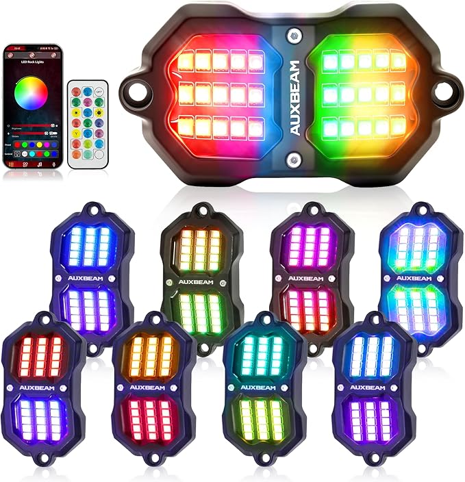 Auxbeam 8 Pods RGB LED Rock Lights with Brake Mode Wheel Well Lights w/Bluetooth APP+Remote Control Music Voice Sync Waterproof Dynamic Color Changing Underglow Kit for Trucks ATV Car 2 Year Warranty