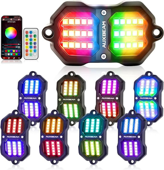 Auxbeam 8 Pods RGB LED Rock Lights with Brake Mode Wheel Well Lights w/Bluetooth APP+Remote Control Music Voice Sync Waterproof Dynamic Color Changing Underglow Kit for Trucks ATV Car 2 Year Warranty