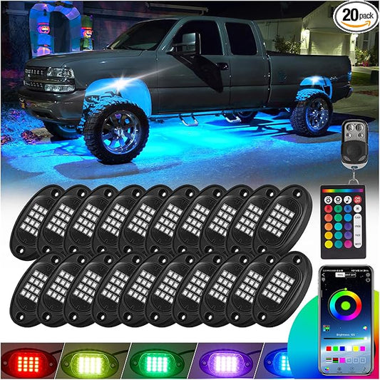 20 Pods RGB LED Rock Lights for Semi Trucks Offroad Pickup Trailer Sedan Boat, 12V Waterproof Dual Zone APP/RF Control Music Mode Brake Light Red Green Blue Underglow Neon Kit with Extension Wires