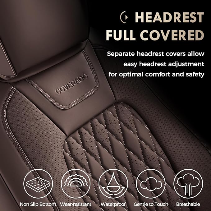 Coverado Premium Leather Full Set Seat Covers Waterproof Heavy-Duty Protectors Custom Fit for Ford F150 (2015-2026) F250/F350/F450 (2017-2026)-Coffee, Vintage Style, Scratch-Resistant