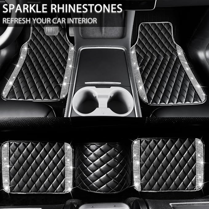 NBTEPEM Bling Leather Car Floor Mats Full Set, Sparkly Diamond Car Mats Universal Fit Most Automotive, Glitter Rhinestone Carpet Waterproof Anti-Slip, 5 pcs Set (Black Leather Silver Diamond)