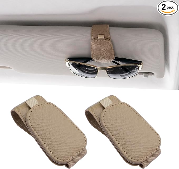 Yuoyar 2 Packs Magnetic Sunglass Holder for Car Visor (Beige) | Magnetic Interior Car Accessories