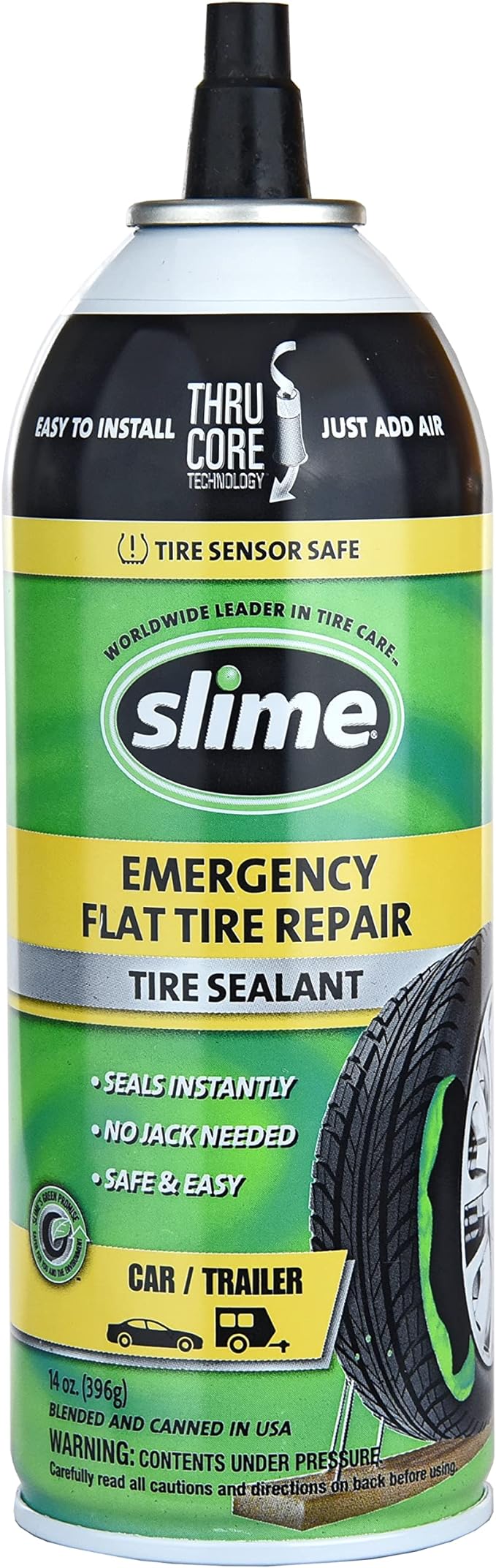 Slime 60186 Flat Tire Puncture Repair Sealant, Emergency Repair for Highway Vehicles, Suitable for Cars/Trailers, Non-Toxic, eco-Friendly, 14oz