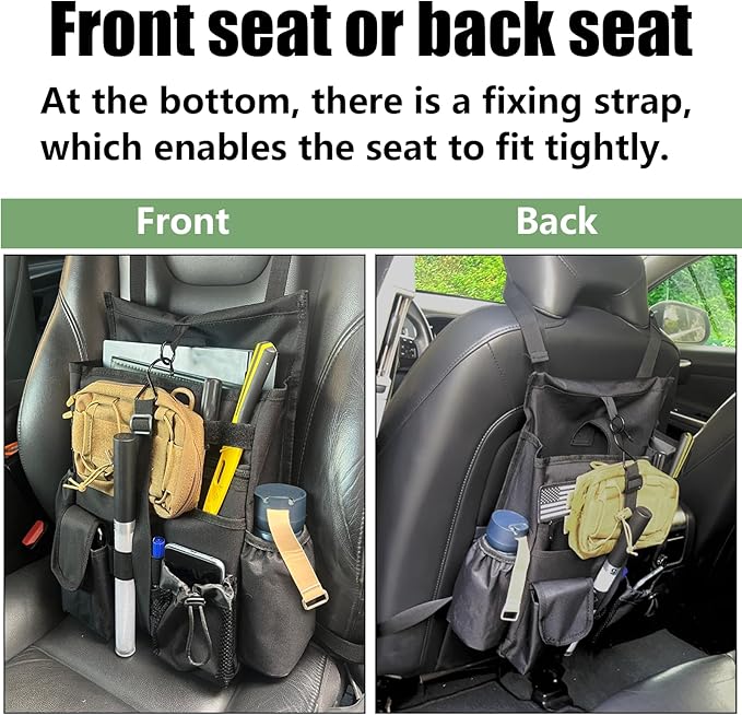 2 Pack Front or Seat back organizer seat side pocket with dedicated tablet and 17 IN laptop storage stabilizers external stabilizing side straps soft adjustable shoulder straps (Large Black)