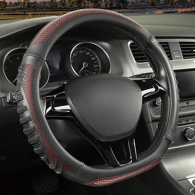 D Shaped Steering Wheel Cover Great Grip with 3D Honeycomb Hole | Anti-Slip Silicone Heavy-duty Microfiber Leather Sporty Design, Universal 14.5 inch - 15 inch, Black with Burgundy
