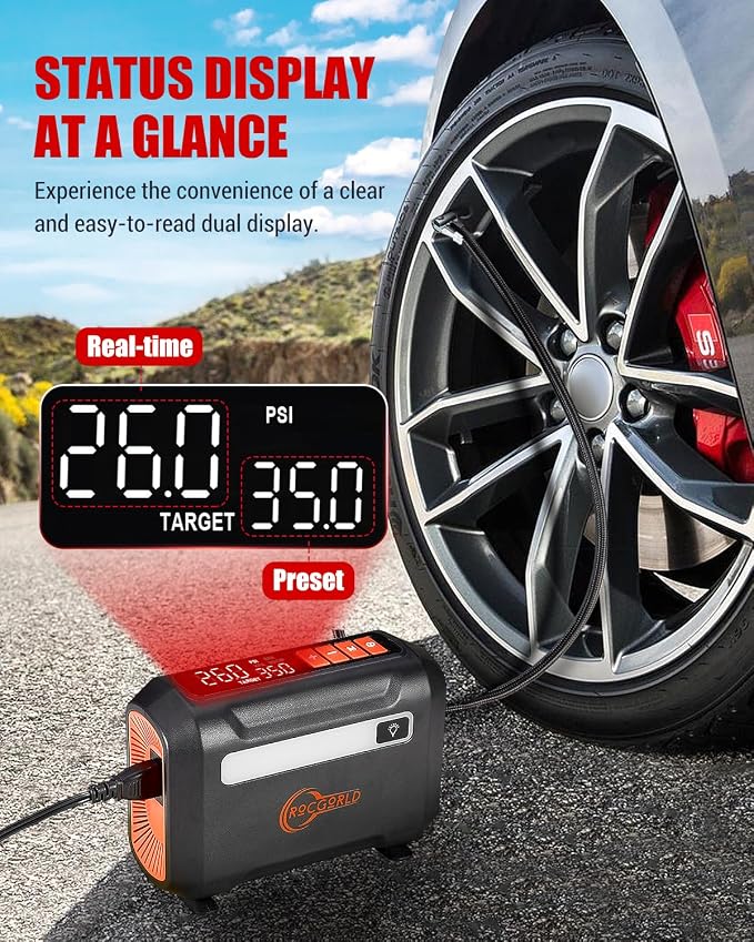ROCGORLD R8 Tire Inflator Portable Air Compressor, DC 12V Air Compressor for Car with Large Dual Digital Screen, 3X Faster Inflation Air Pump for Car Tires, Bike, Ball, Motor - Car Accessories