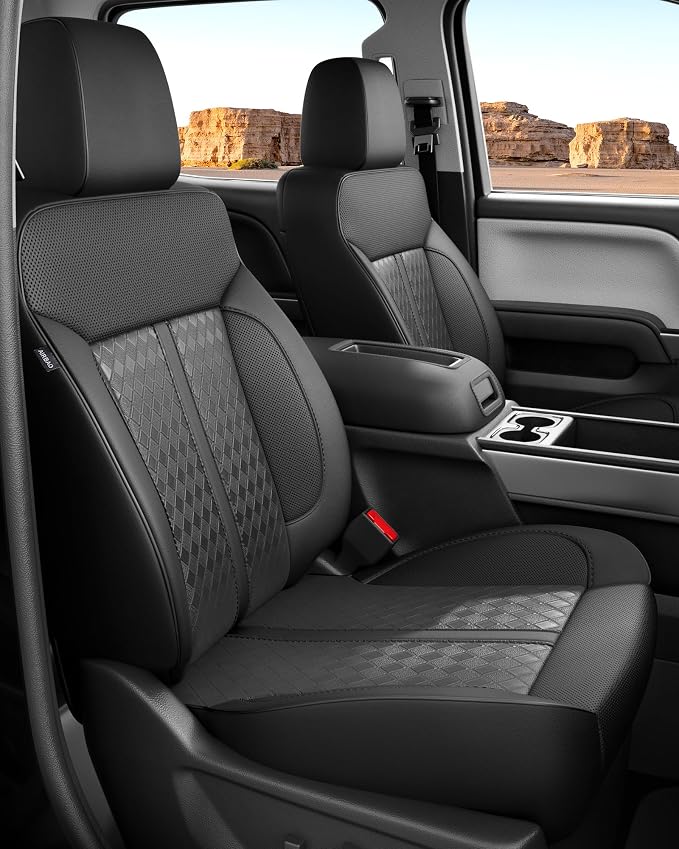 Custom Leather Seat Covers for 2014-2018 Sierra/Silverado 1500 | Only Crew Cab, Fits 2500/3500HD 2015-2020, no Rear Armrest/Seatback Storage, Waterproof, Scratch-resistant, Easy-clean