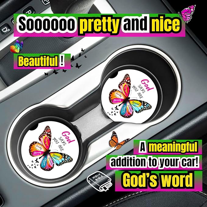 Christian Car Coasters for Cup Holders - 2 Pack Cute Butterfly Bible Verses Car Accessories for Women, Inspirational Faith Decor, Absorbent Ceramic Cup Holder Coaster for Car, Scripture Religious Gift
