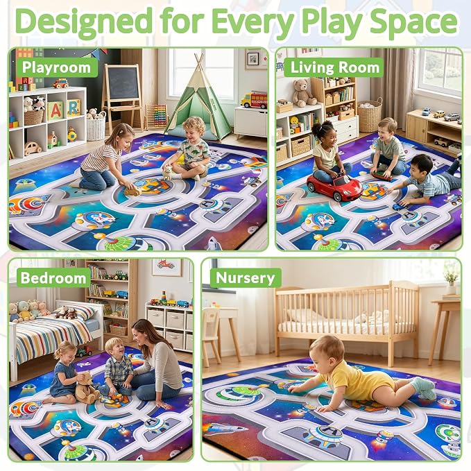 Kids Space Rug 3 x 5 Ft | Outer Space Road Play Mat with Planets & Rockets, Non-Slip Educational Carpet for Playroom