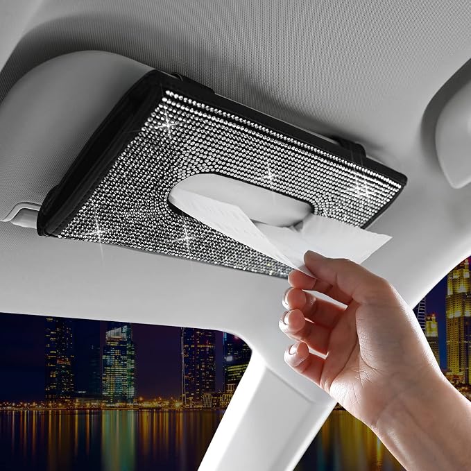 ChuLian Bling Bling Car Visor Tissue Holder Leather Crystals Paper Towel Cover Case & Glitter Sunglasses Clip for Women Black