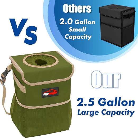 EPAuto Waterproof Car Trash Can with Lid and Pockets, 2.5 Gal, Green | Leakproof, Collapsible Multipurpose Car Bin with 3 Side Storage Pockets, Adjustable Straps