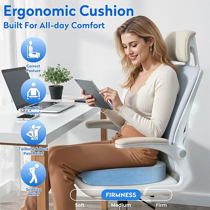 CushZone Seat Cushion, Office Chair Cushions, Car Seat Cushion, Non-Slip Sciatica & Back Coccyx Tailbone Pain Relief Chair Pad, Memory Foamr (Large,Light Blue)