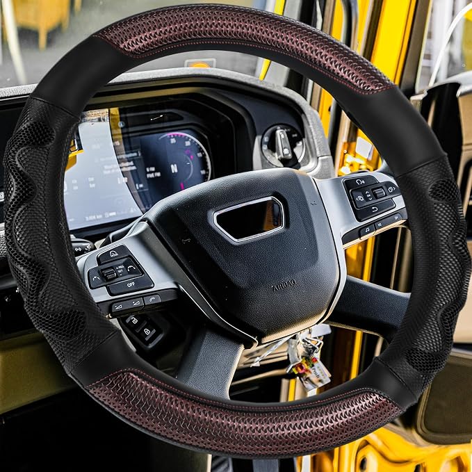 DaisyInner 17.5-18 Inch Steering Wheel Cover for Semi Truck No-Slip & Comfy Grip for Semi Trucks, Rv, Big Rig and 18 Wheelers(Mesh B,Leather,Burgundy)