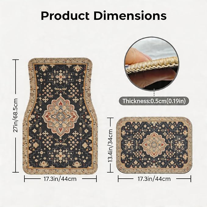 Vintage Persian Navy Car Floor Mats 4-Pack Boho Rug Style | Boho Persian car floor mats 4-piece set, navy medallion rug print, fits sedans SUVs trucks, non-slip