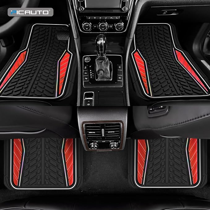 PIC AUTO Car Floor Mats, Red Aluminum-Molded with Full-Circle Iridescent Inlay Strip Car Mats, Universal-Fit Rubber Mats for Cars, Trucks & SUVs, All-Weather, Non-Slip, Easy-to-Clean Interior Mats