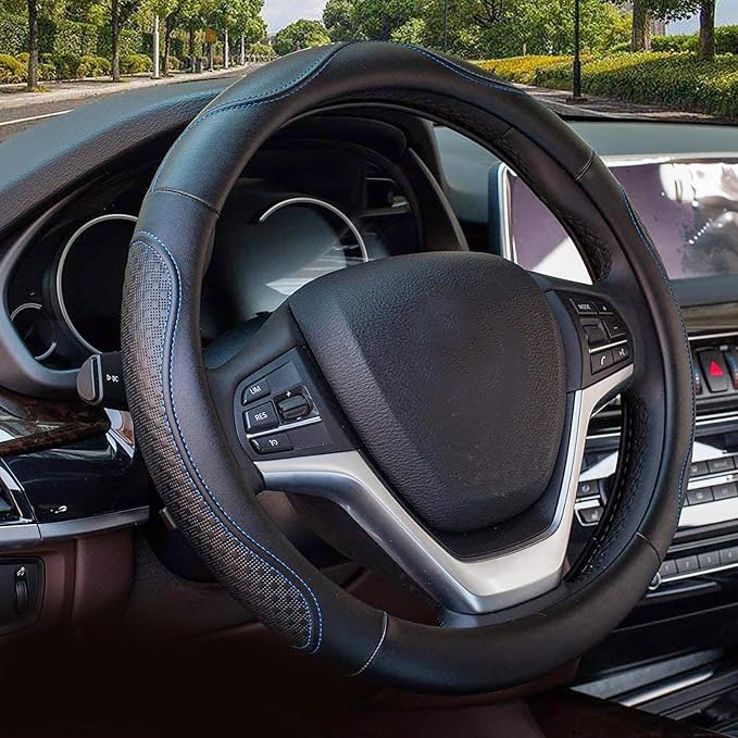 Valleycomfy Leather Steering Wheel Covers Universal 15.75 inch -Breathable, Anti Slip & Odor Free (Black with Blue Lines,L(15" 1/2-16"))