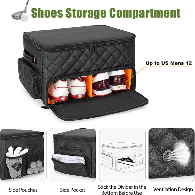 PGmoon 2 Layer Golf Trunk Organizer, Golf Car Storage Organizer,Black | Individual Ventilated Compartment for 2 Pairs Shoes, Golf Car Locker for Balls, Clothes, Tees, Gloves, Accessories (Black)