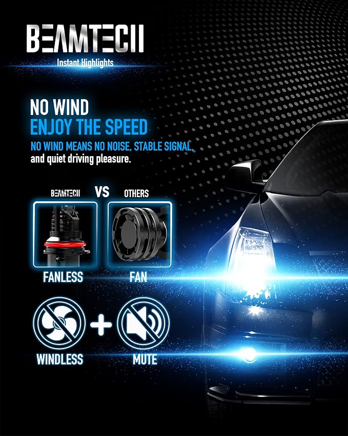BEAMTECH Bulb, 9007 Light Bulbs Powersports, 6500K Fanless in Line, of 2 | Windless, Directly Insert, 1:1 Size, 50,000hrs+ Lifespan, Hi/Low