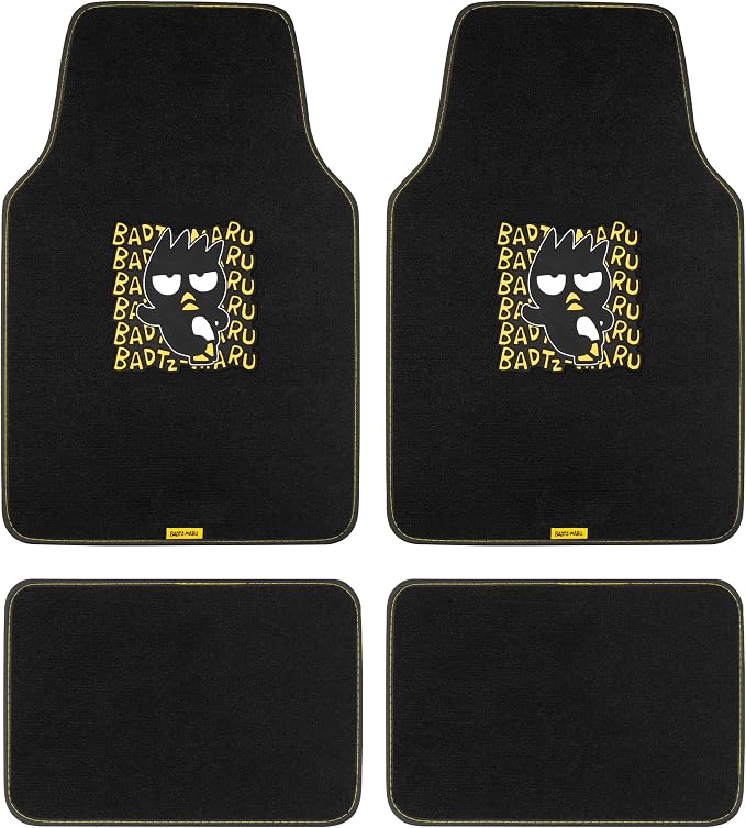 Badtz-Maru Carpet Car Floor Mats - Universal Fit for Cars, SUVs & Trucks - Black Hello Kitty Print Bad Badtz-Maru Accessories - Front & Rear Set, 4 Piece Cute Car Accessories