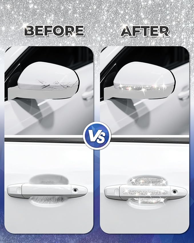 Bling Car Door Handle Protector, 10 PCS, White Sparkling Rhinestone Cars Door Protective Cover, Anti-Scratch Auto Handles Sticker, Universal Bling Car Accessories for Women