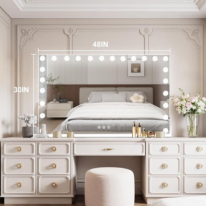 Moonee Vanity Mirror with Lights, Hollywood Lighted Makeup Mirror with 24 Dimmable Bulbs and 10X Magnification, 3 Colors Modes, Aluminum Metal Frame, Light Up Mirror for Tabletop/Wall（48" x 30"）