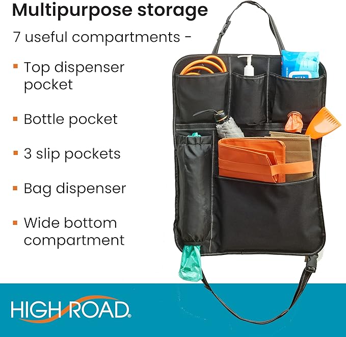 High Road Seatback Car Storage Organizer and Seat Protector with 7 Pockets | Back Seat Organizer for SUVs, Work Trucks and Vans with Utility and Dispenser Pockets