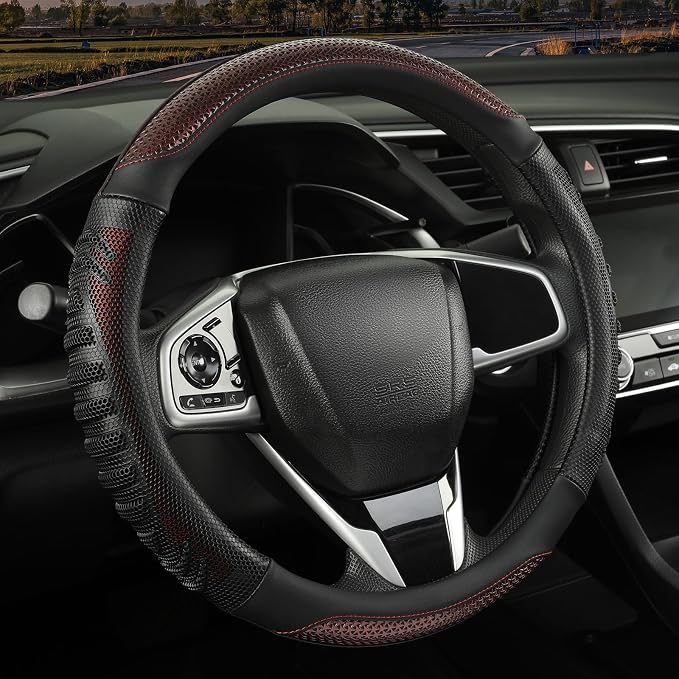 Anti-Slip Silicone Steering Wheel Cover Great Grip with 3D Honeycomb | Heavy-duty Microfiber Leather Sporty Design, Universal 14.5 inch - 15 inch, Black with Burgundy