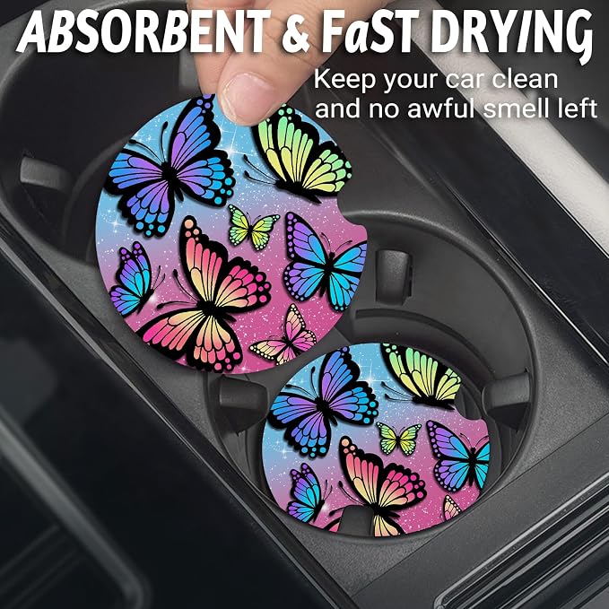 Yonlevres Car Coasters for Cup Holders，2.75" Anti Slip Rubber Mat with A Finger Notch, 2 Pack Car Cup Holder Coasters for Car Interior Accessories for Women Men Butterfly