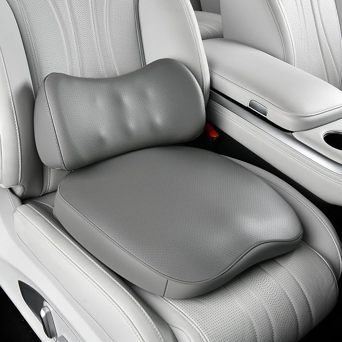 Coverado Memory Foam Car Seat Cushion and Lumbar Support Pillow for Driving Seat, Ergonomic Design Soft and Breathable PU Leather, High Density Memory Foam for Neck & Lower Back Pain Relie