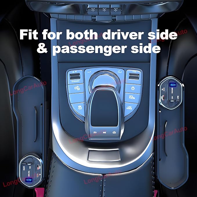5 in 1 Car Seat Gap Filler Organizer with Wireless Charger | Cup Holder, Cigarette Lighter, Retractable Charging Cords, iOS Type-C USB Port, Fast Charge Storage Box
