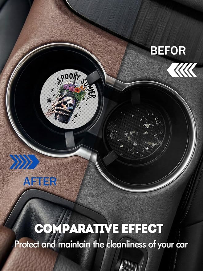 WOCOCN Car Coasters for Cup Holders - 2 Pack 2.75" Universal Rubber Car Cup Coaster, Non-Slip Waterproof Car Interior Accessories, Cute Car Decor Gifts for Women and Men (Spooky Summer)