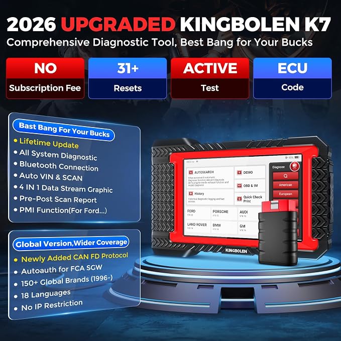 KINGBOLEN K7 Bidirectional Scan Tool 2026 OBD2 Scanner Bluetooth with Lifetime Updates, No Annual Fees, 31+ Resets, Component Matching, All System Diagnostic, CAN FD, FCA AutoAuth, Crankshaft Relearn