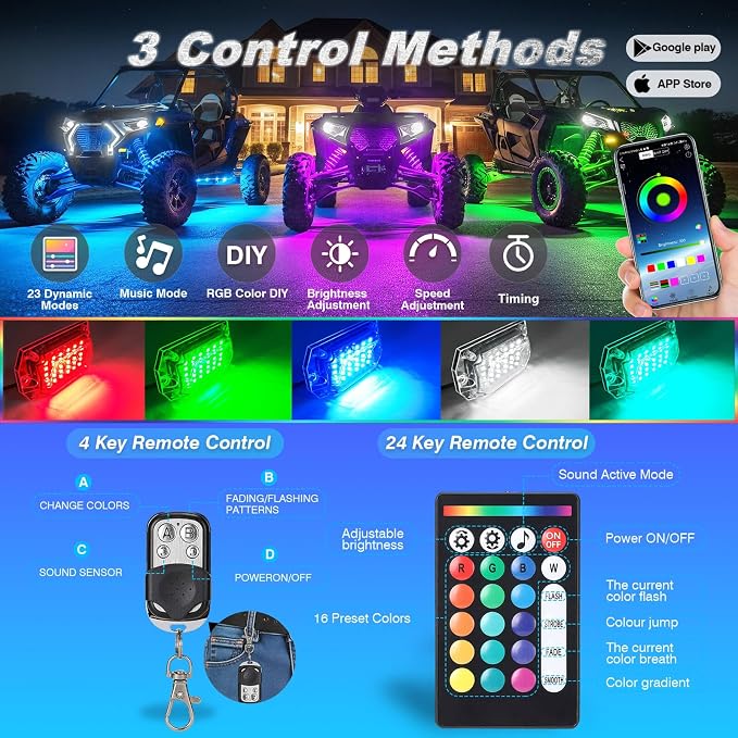 6Pods Full Angle RGB LED Rock Lights Full Kit for UTV ATV RZR SXS Can-Am Four Wheeler Quad Side by Side Offroad Golf Cart with APP/RF Remote,Waterproof Multicolor Underglow Light 180Chip Dual Zone 12V