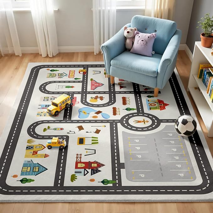Nayoroom Kids Town Road Playroom Rug, Faux Wool Car Map, Non-Slip, 3 x 5 ft | Interactive town road map; Community scenes; Soft faux wool surface; Non-slip backing; Easy-care room accent