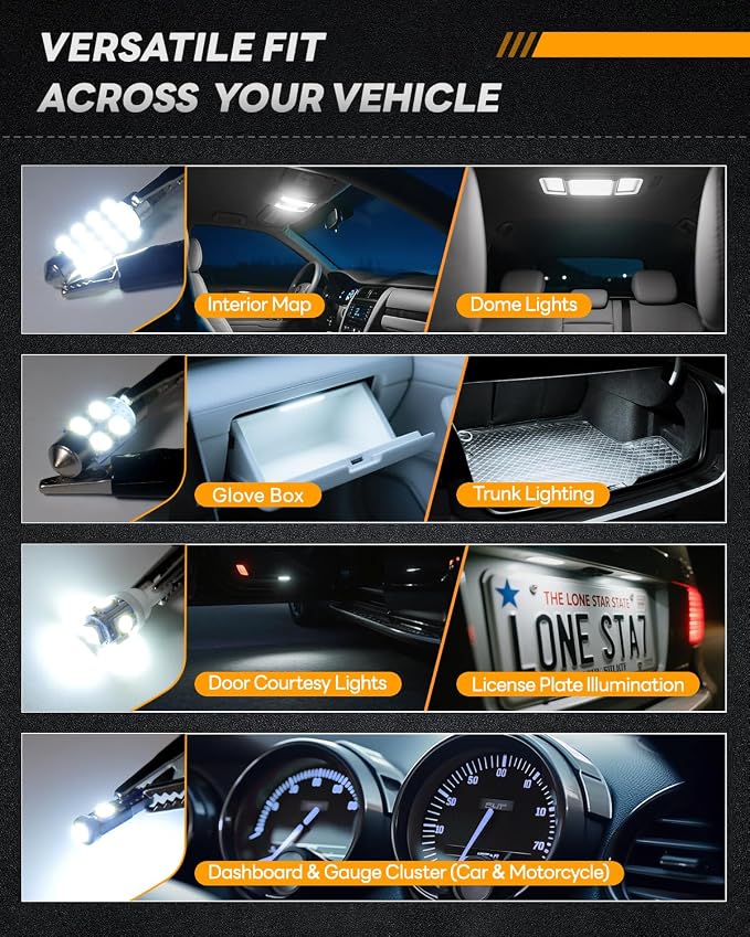 48Pcs Led Interior Car Lights Kit, Premium Bright White Led Bulb (194 T10 T5 De3175 W5W 2825 578 168) | Dome Map Dash Door License Plate Tail Light Bulbs, Interior Lights for Cars, Trucks, Rv, Boat